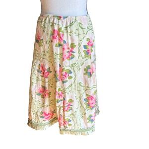 J. Jill Linen Midi Skirt Pink Floral Sage Green Pleated Ruffle Hem Womens XS